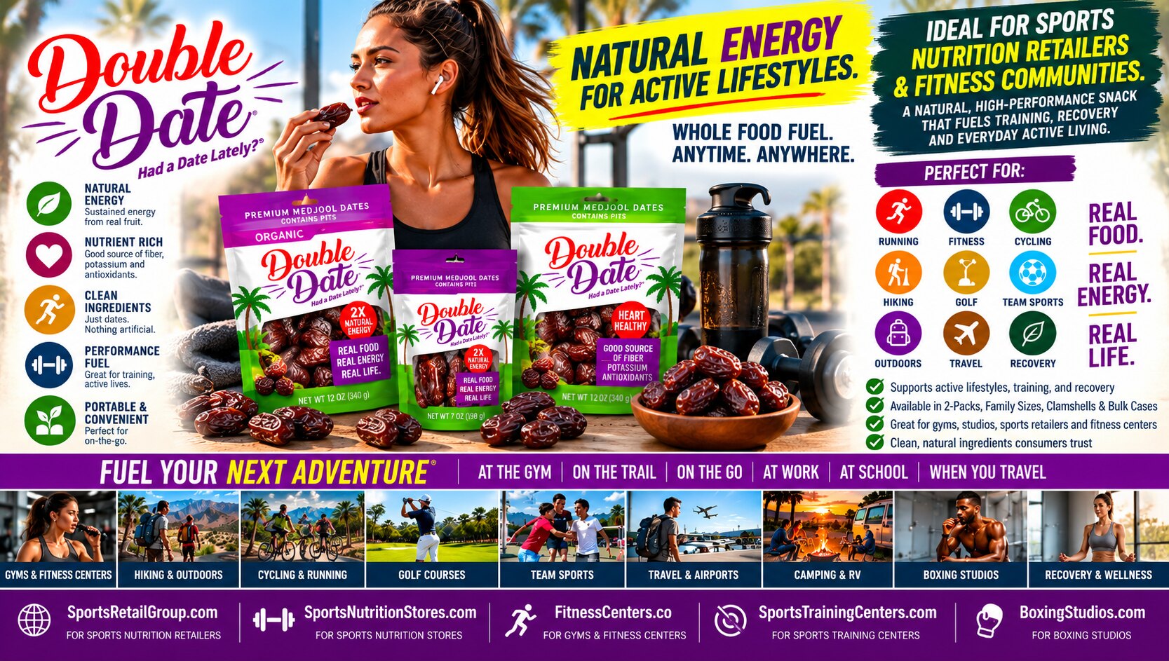 Double Date sell sheet: natural energy for active lifestyles, ideal for sports nutrition retailers and fitness communities. Perfect for running, fitness, cycling, hiking, golf, team sports, travel and recovery.